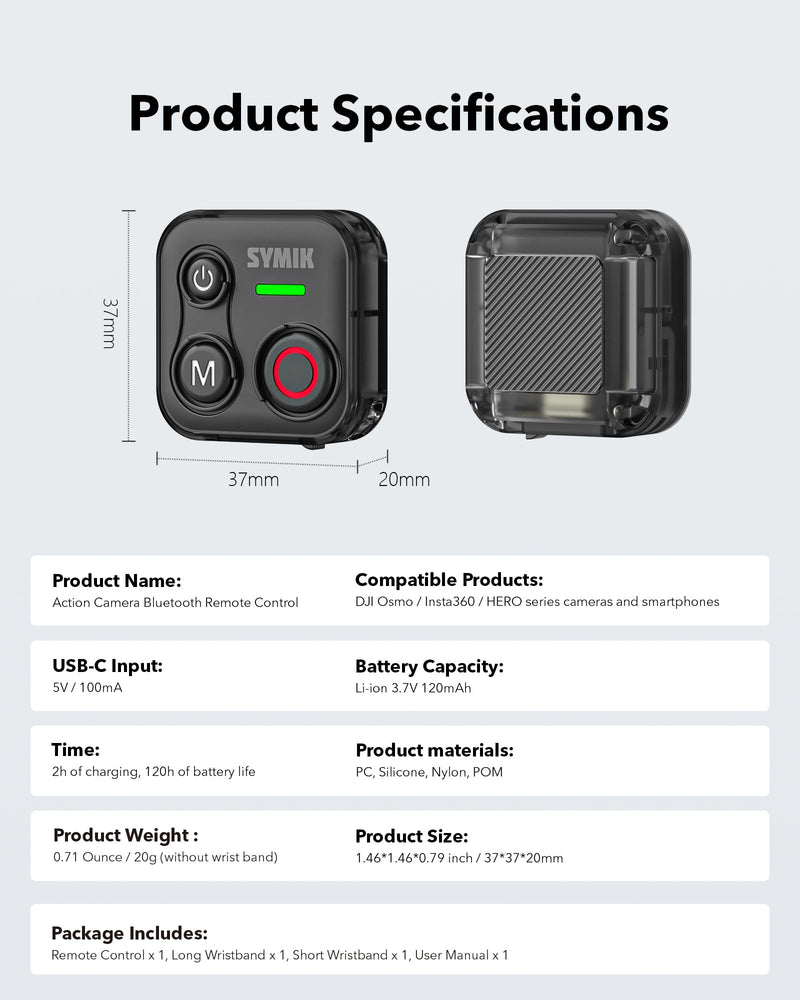 SYMIK Remote Control for Insta360, Bluetooth Remote for GoPro and DJI | Universal Shutter Remote Control for DJI Action Camera & Phone, Splash Resistance, Rechargeable, 230ft Range, 120-H Battery