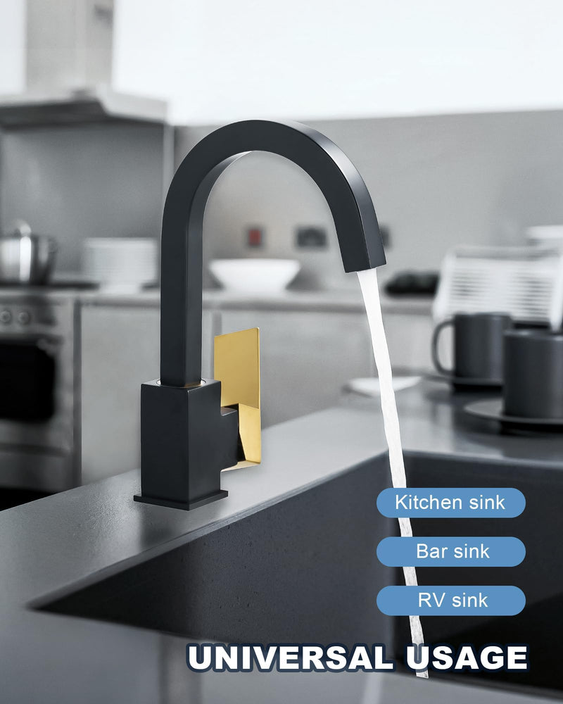 ALEASHA Bar Sink Faucet Black Gold, Bar Sink Faucet Single Hole, Stainless Steel Wet Bar Faucet with Single Handle for Kitchen Bathroom RV Restroom Sink, Durability Rust Square-Structured Faucet Black&Gold
