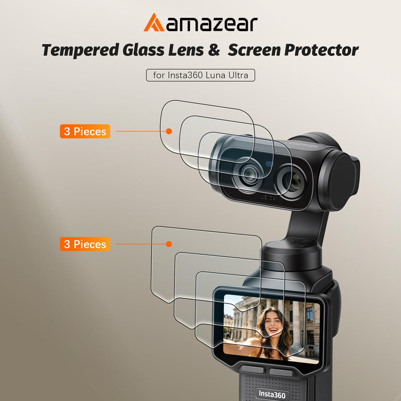 AMAZEAR Lens Screen Protector for Insta360 Luna Ultra (6 Pack), Insta 360 Luna Ultra Accessories Tempered Glass Lens Screen Cover, 9H, HD, Bubble-Free, Scratch Resistant TGP for Luna Ultra