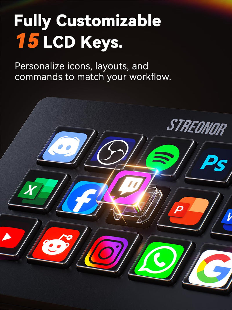 Streonor S15 Standard Stream Controller, Macro Keypad Shortcut | 15 Customizable Keys and 3 Status Displays, Macro Shortcut Deck for Live Streaming, Editing, Productivity, Windows & Mac