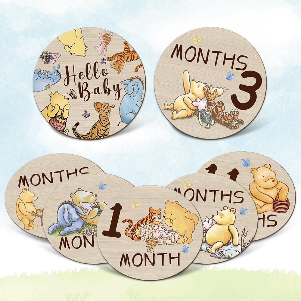 Winnie Baby Monthly Milestone Circles - The Pooh Bear Baby Stuff Wooden Discs for Baby Girl Boy - 7Pcs Double Sides Round Circles Signs for Newborn Photo Prop