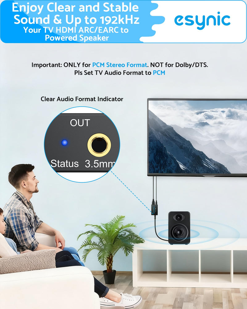 eSynic 7 FT Long eARC/ARC Audio Extractor-Plug & Play-Only Work For HDTV ARC/eARC Interface-192KHZ ARC to RCA&3.5MM Aux Adapter From HDTV to 3.5MM Headphone&L/R Stereo Audio System-No Optical Soundbar eARC/ARC to RCA