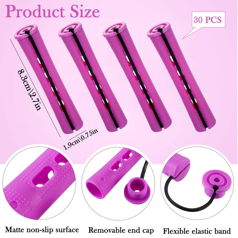 30 PCS Perm Rods Set, 0.75 Inch Medium Size Hair Curlers Rollers, Perming Rods with Elastic Rubber Band, Non Slip Plastic Hair Perm Kits for Fashionable Curly Hair, Hairstyle Styling (Purple)