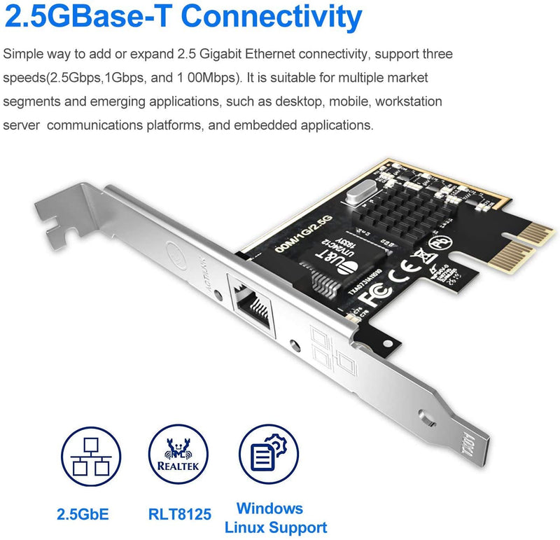 2.5GBase-T PCIe Network Adapter with 1 Port, 2500/1000/100Mbps PCI Express Gigabit Ethernet Card RJ45 LAN Controller Support Windows Server/Windows/Linux, Standard and Low-Profile Brackets Included 2.5G Network card with RJ45 Port