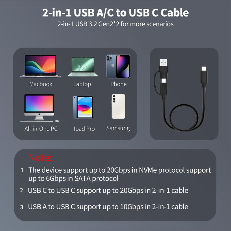 M.2 SSD Duplicator Dock, 20Gbps USB C Dual Bay Cloner, Aluminum Alloy Housing with Cooling Fan, Offline Clone/Data Transfer for NVMe SATA M.2 2230/2242/2260/2280 SSD