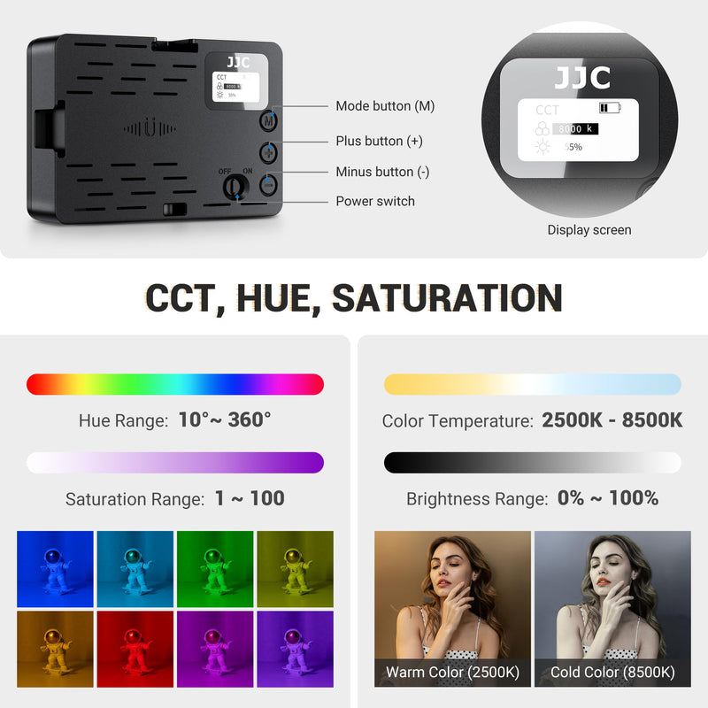 JJC RGB Video Light, 360°Full Color 24 Effects 2600mAh Rechargeable 2500-8500K Magnetic LED Camera Light, 1/4" Screw Mount Cold Shoe Light, Portable Light for Photography Video Streaming