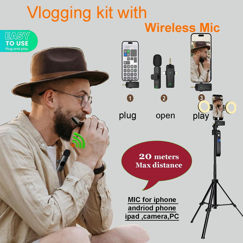 Vlogging Kit for iPhone/Andriod,70.9″ Auto Face Tracking Tipod,360 Rotatable Selfie Stick Tripod, Content Creator Essentials, Yutube Starter Kit, Gesture Control w/Remote/Mic/Light