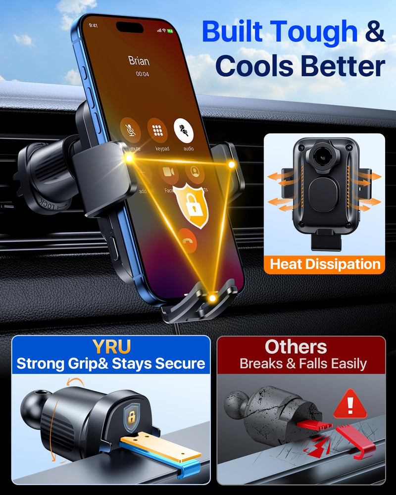 YRU 【Auto-Clamping & 90+LBS Strong Suction 15W Wireless Car Charger Mount | 【Military-Grade & Safety Certs】 Fast Charging Car Phone Holder, Windshield Dashboard Vent Cradle for iPhone 17 16 Pro, Black Dark Black