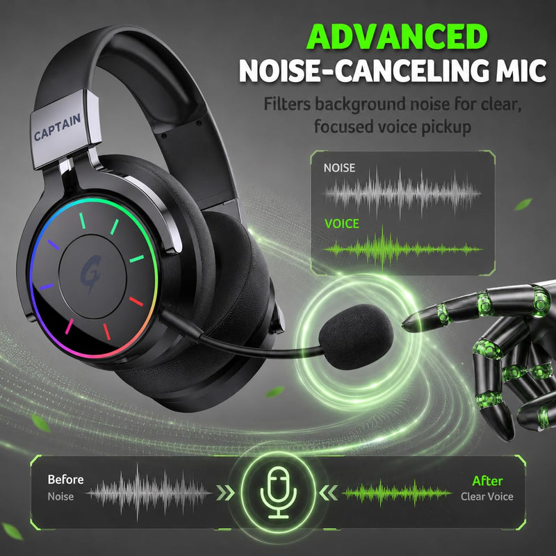 syndesmos 2.4GHz Wireless Gaming Headset for PS5, PC, PS4 | RGB Light, 40 HR Battery, 7.1 Surround Sound, Low Latency Bluetooth 5.4 Gaming Headphones with Mic Black