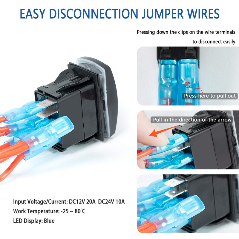 FXC Momentary (On)/Off Rocker Switch 5Pin Laser Blue LED Light 20A/12V 10A/24V Toggle Switch with Jumper Wires Set for Automotive Boat Marine Truck Jeep Off-Road Bus RV (ON)/OFF Momentary