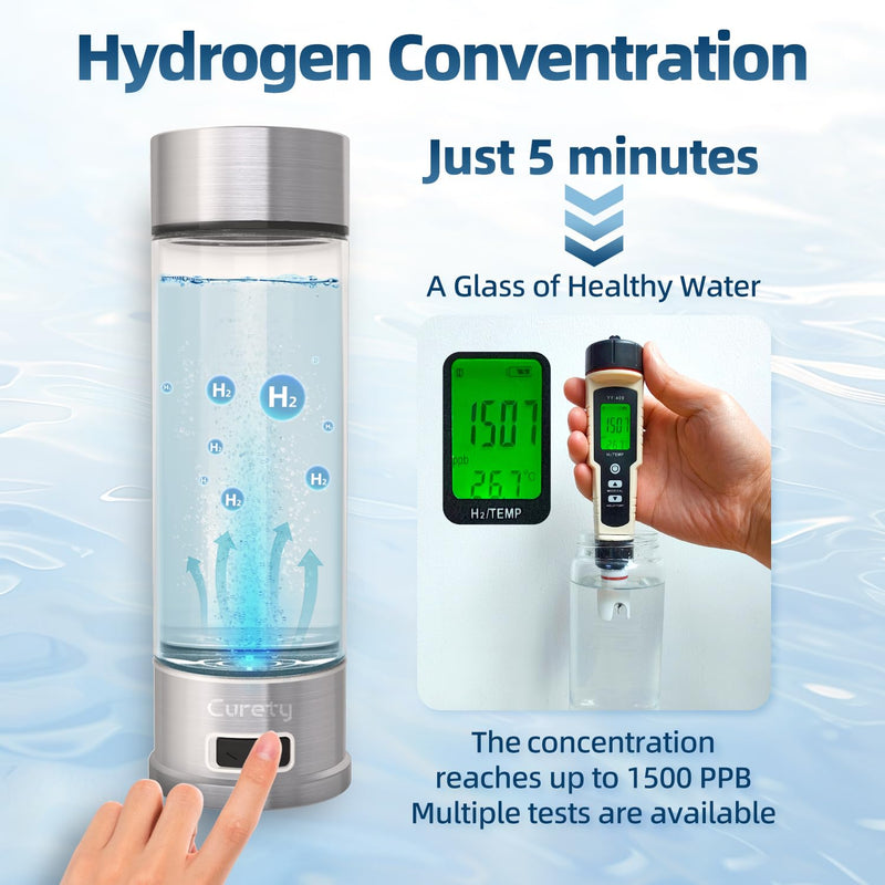Hydrogen Water Bottle, 1500ppb Hydrogen Water Machine with SPE/PEM Technology, Alternative for Hydrogen Water Pitcher, Water Ionizer, Hydro Water Bottle for Health Silver