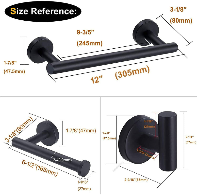 3-Pieces Bathroom Accessories Kit, Matte Black Bathroom Hardware SUS304 Stainless Steel Wall Mounted-Includes 12" Hand Towel Bar, Toilet Paper Holder, Robe Towel