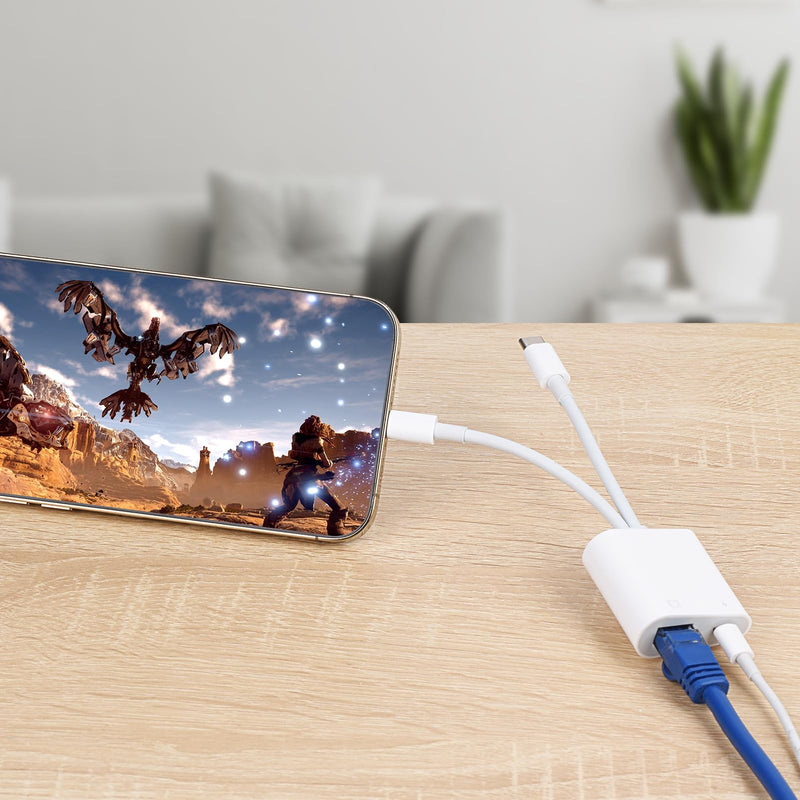 Lightning and USB C to Ethernet Adapter,2 in 1 RJ45 Ethernet LAN Network Adapter with Charge Port Compatible with iPhone/iPad/iPod/Samsung and More,Supports 100Mbps Plug and Play Lightning and USB C to Ethernet Adapte