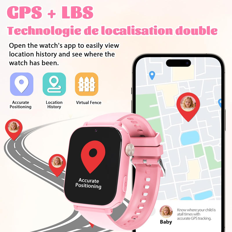 4G Kids Smart Watch for Boys Girls with GPS Tracker, SOS, Two Way Call Video Calling Voice Chat,School Mode, Alarm Clock,Safe Zones,Pedometer,Stopwatch,Games Children Smartwatch for 4-12 (4G Pink) 4G Pink