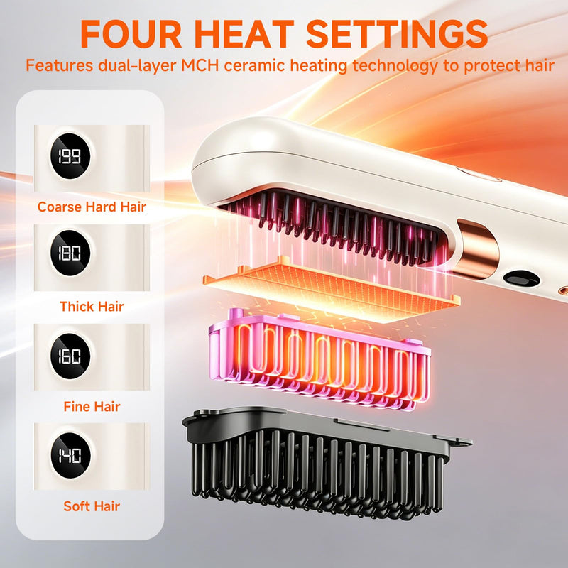 5-in-1 Cordless Hair Straightener Brush, Go Brush Pro USB Rechargeable Hot Brush, 4 Heat Settings Hair Styling Brush with Negative Ion, Portable Heated Brush for Travel & Everyday Use