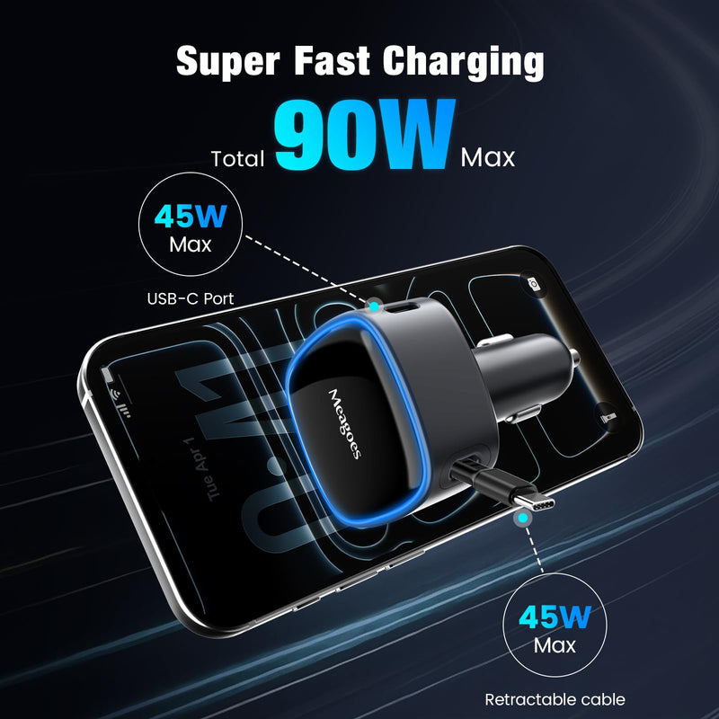 90W Retractable Car Charger USB C Super Fast Charging for iPhone 17 Pro Max | Dual 45W PPS Cigarette Lighter Adapter Plug,for iPhone 16/15/Samsung Galaxy S26/S25/USBC Android Phone,25.5-Inch Type C Cable USB Type C