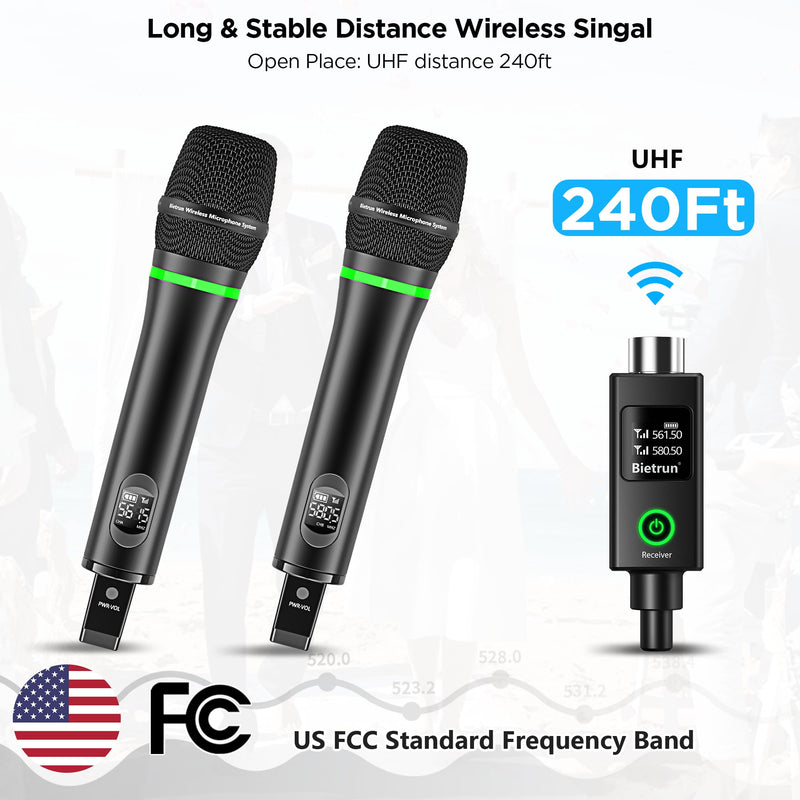Bietrun XLR Wireless Microphone, Rechargeable Dual Metal Cordless Handheld Dynamic Mics for Mixer, Audio Interface, PA Amplifier System, Church, Singing, Karaoke(UHF 240FT Range)(with 6.35 Adapter) XLR Rechargeble Rechargeable Microphone-WXM19-2