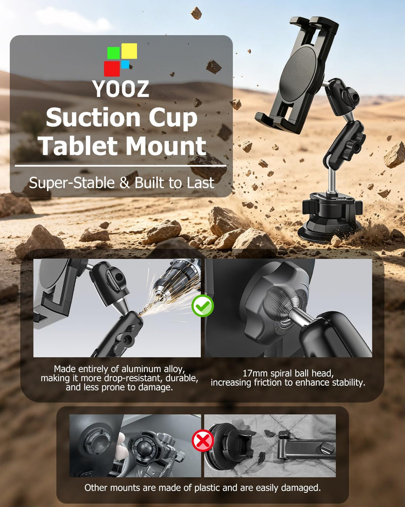 Car Cockpit Tablet Mount Suction, Vehicle Tablet Holder for Driver [Flexible Metal Arm] Dashboard Windshield Window Mounting for Tablets Phones, iPad, Galaxy Tab, Z Fold, iPhone, 4-13" Device