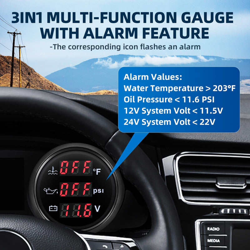 Triple Gauge Set - Water Temp (104°F-248°F), Oil Pressure (0-145PSI), Voltmeter (9-32V), AUTO Gauge with Sensors 2" 52mm 3-in-1 Boat Marine Meter Kit (Black) Black