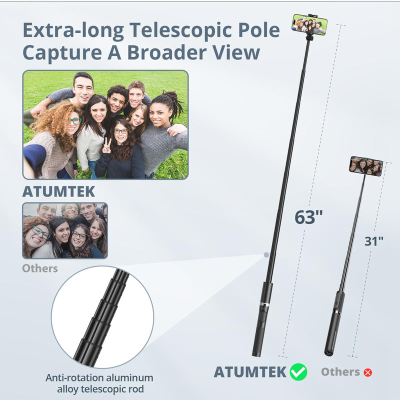 ATUMTEK 63" Phone Tripod, Extendable Selfie Stick Tripod with Bluetooth Remote, All-in-One Aluminum Phone Tripod Stand with Cold Shoe Mount for 4"-7" iPhone and Android Smartphones Black 63"