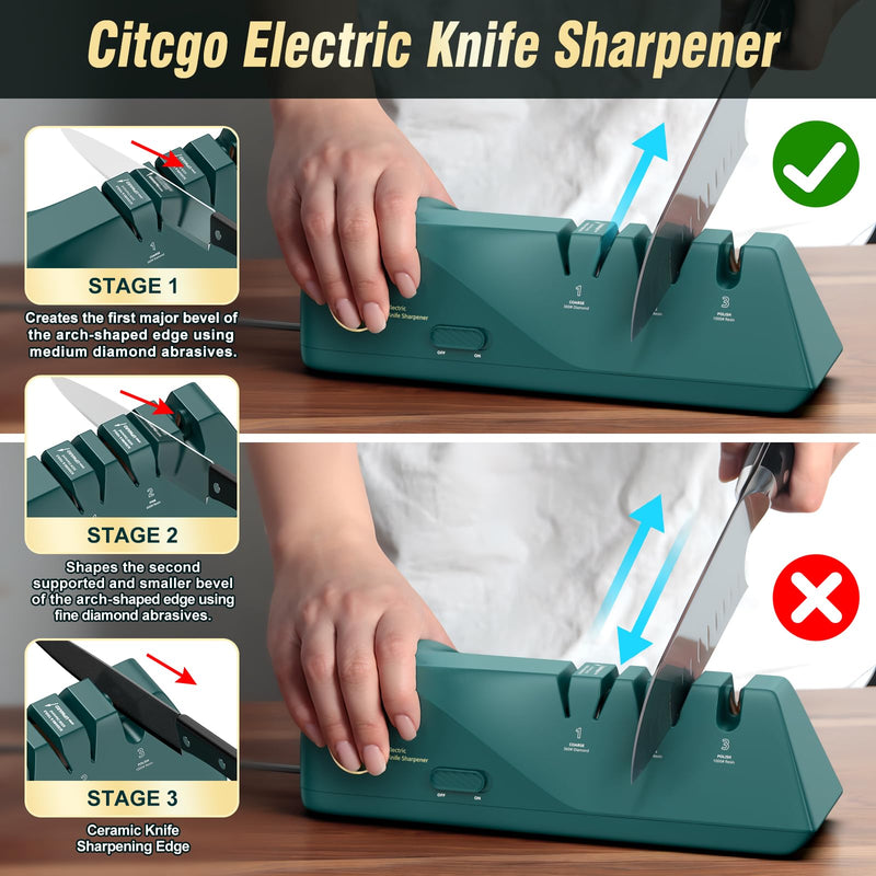 Knife Sharpener, Diamond Abrasives Electric Knife Sharpener for Stainless Steel and Ceramic Knives, with Dust Collection Box, Quick Sharpening & Polishing
