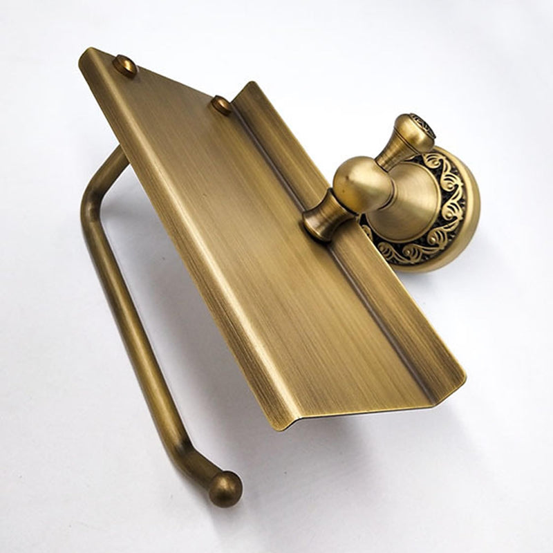 Toilet Paper Holder with Phone Shelf, Bathroom Toilet Paper Roll Holder Antique Bronze Brass Wall Mounted Bathroom Hardware Accessories,Pattern Carving Design