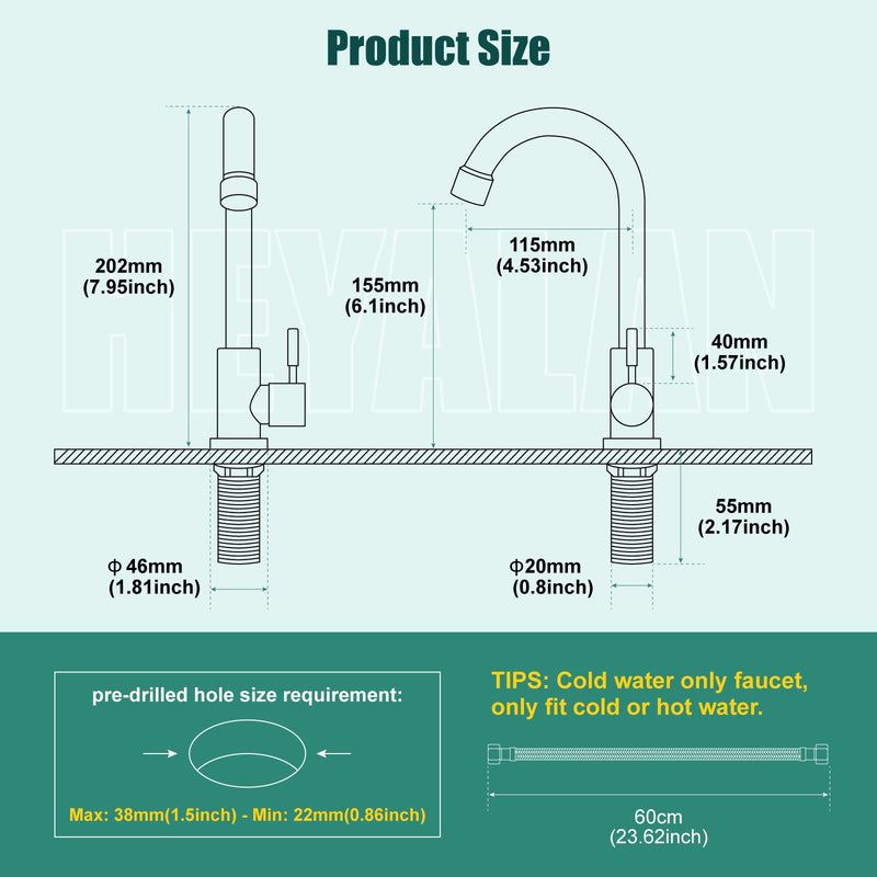Heyalan Cold Water Only Kitchen Faucet, SUS304 Stainless Steel Bar Sink Faucet, Single Handle High Arc Gooseneck, 1 Hole Deck Mount, Brushed Nickel, 8.3 Inch for Bar, RV, Laundry, Outdoor