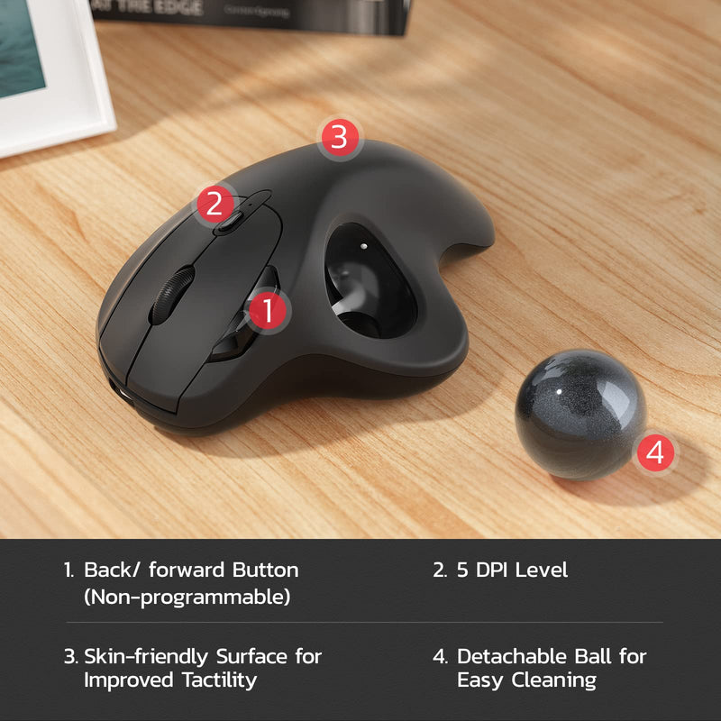 Nulea M501 Wireless Trackball Mouse, Rechargeable Ergonomic, Easy Thumb Control, Precise & Smooth Tracking, 3 Device Connection (Bluetooth or USB), Compatible for PC, Laptop, iPad, Mac, Windows. D-Black