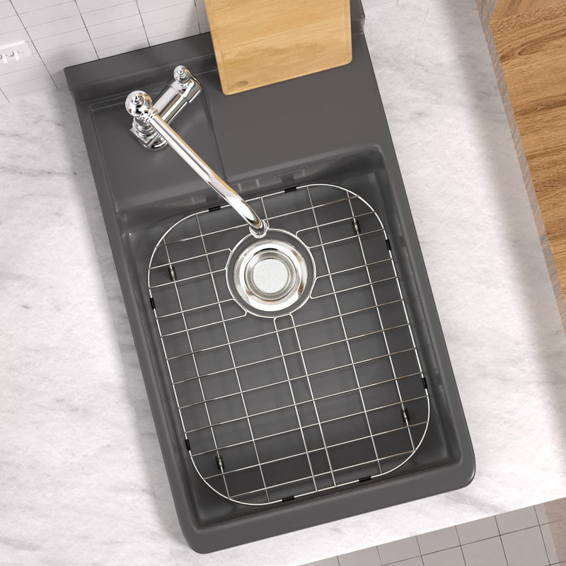 SANNO Kitchen Sink Protectors,Sink Grid with Rear Drain Hole, Double Sink Rack, 16.14"*13",Stainless Steel Stainless Steel 16.14"x 13",rear,1pack