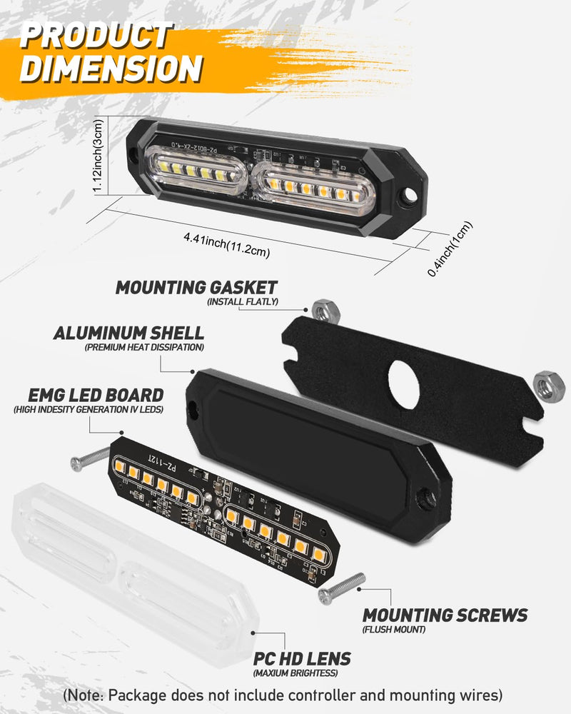 HLauto 1200T Emergency Strobe Grille Lights: 8pcs 12 LED Sync Feature Safety Warning Flashing Lights, Ultra Slim Surface Mount Hazard Caution Light for Trucks, Vehicles, Car, ATV, UTV (Amber White) Amber/White
