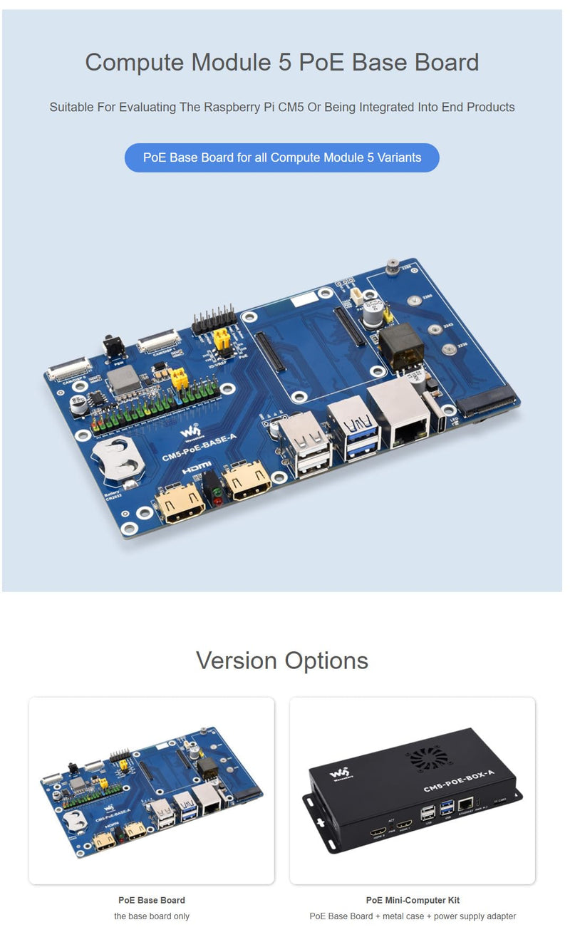 Fits Raspberry Pi Compute Module 5 IO Board with PoE Feature, M.2 NVMe SSD Support, GPIO Header,Ethernet, USB, HDMI, and TF Slot for All CM5 Variants