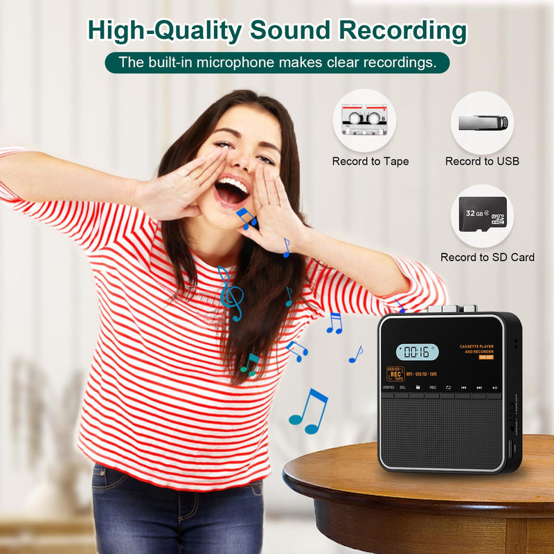 Cassette Tape Player Recorder, Cassette to MP3 Converter, Record to Cassettes/USB/SD Card, LCD Display, Power by USB C or AA Battery, Built-in Speaker, Headphone Jack and Mic Black