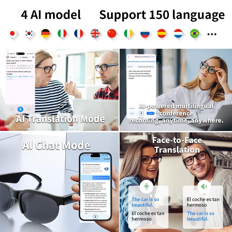 AI Smart Bluetooth Glasses w/150+ Real-Time Translation Voice Assistant & HandsFree Call HD Audio Wireless Glasses for Travel Business Unisex Lightweight Design (Men & Women)