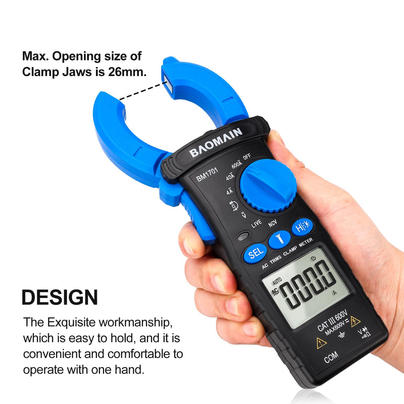 Baomain Digital Clamp Meter 4000 Counts Multimeter, Measures AC Current (4A/40A/600A), AC/DC Voltage,Resistance,Diode,Continuity, with NCV,Live Wire Test,BM1701 4000 Counts (4A/40A/600A)