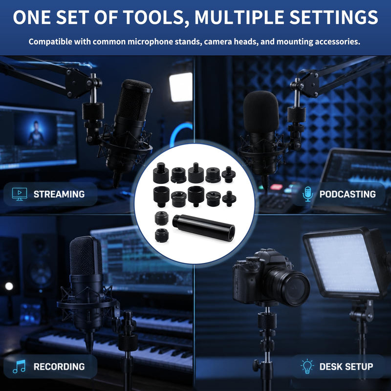 13 Pack Mic Stand Adapter With Extension Tube,compatible with most stands | 13 Pack microphone adapter,Aluminum Alloy,With Threaded Interfaces,For Microphone Arms,Camera Tripods,Fill Lights,Etc