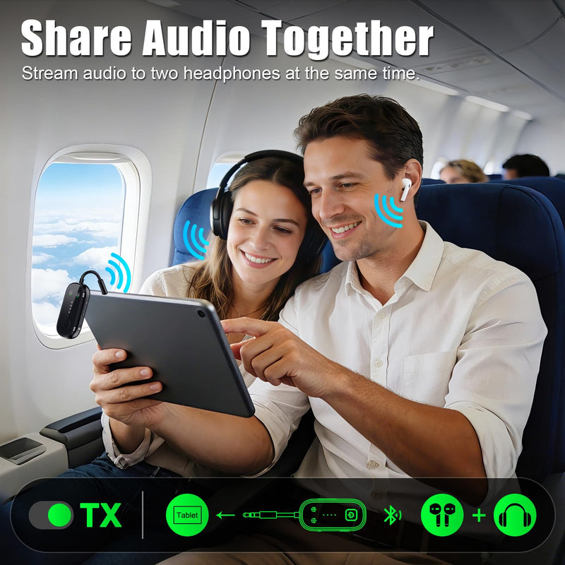 2026 Upgrade Pro Bluetooth 6.0 Transmitter Receiver – 2-in-1 Adapter | For TV, plane, gym, car & home. Dual Link for 2 headphones. Low latency, stable. Works with all AirPods & wireless headphones Black