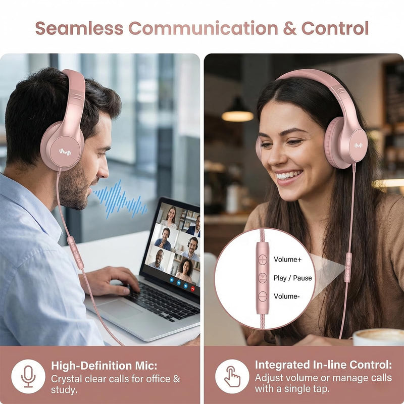 Wired Over-Ear Headphones, Mic, 3.5mm Jack, USB-C Adapter, Gold | Foldable over-ear headphones with soft cushions, inline mic, 3.5mm jack, and USB-C adapter for school, office, and travel.