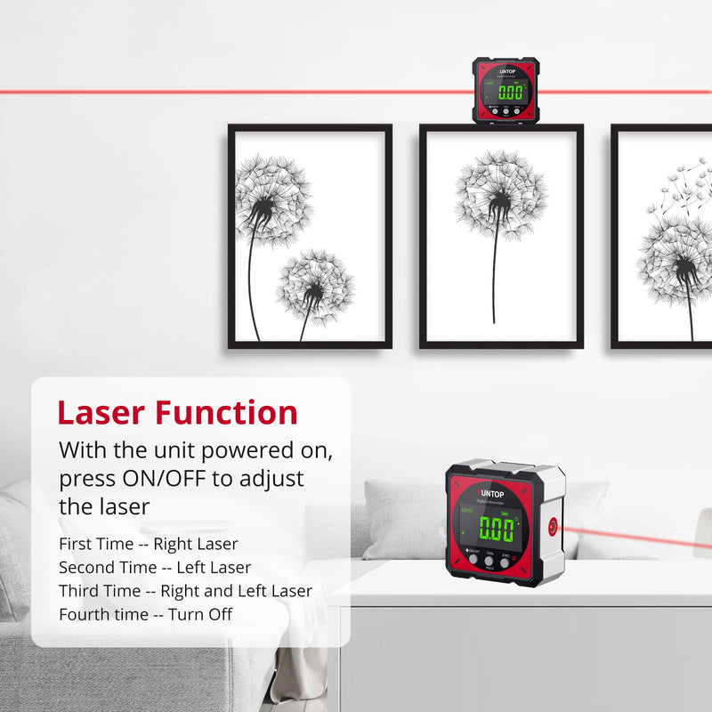 XUNTOP USB Charging Digital Angle Finder Level Box with Laser (Class 2, <1mW Output), 4-side Strong Magnetic Angle Gauge IP54 Waterproof Inclinometer Level for Hanging Decorations Woodworking Red Red-Dual Laser