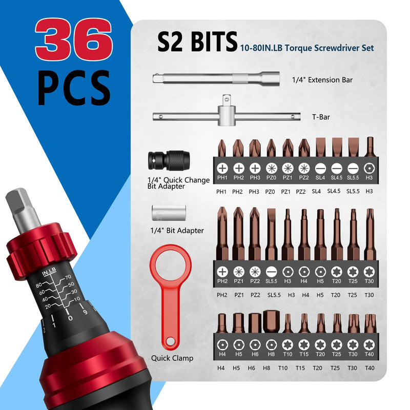 SUERCUP 1/4" 10-80In.lb Torque Wrench Screwdriver 36 PCS Set | T-bar, Hex, Torx, and Phillips S2 Bits, Torque Screwdriver, For Scope and Car, Bike Mounting and Home DIY