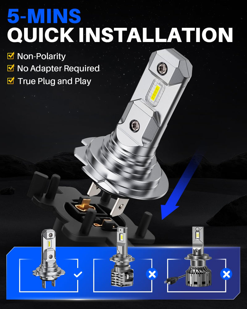 AUTOONE H7 LED Bulb, 800% Brighter 6500K Cool White, No Adapter Required Plug and Play, 1:1 Mini Size Non-polarity H7LL Fanless Halogen Driving Replacement Bulb, Pack of 2