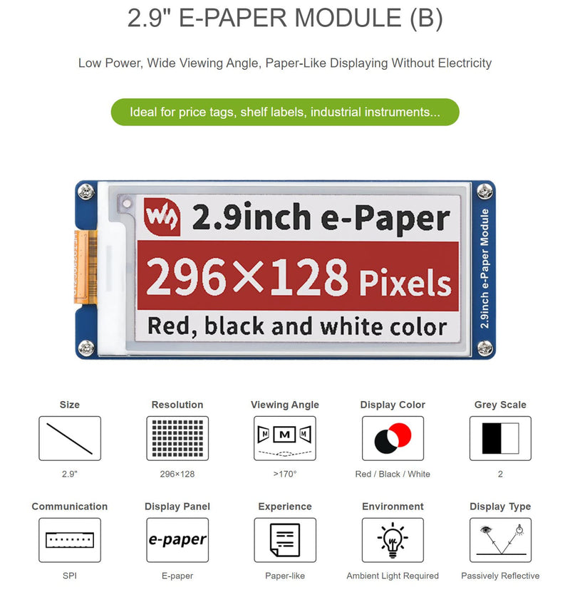 2.9 Inch E-Paper Display Module (B), 296×128 SPI E-Ink Screen, Red/Black/White, Low Power, No Backlight, for Raspberry Pi, Arduino, Jetson Nano, 3.3V/5V MCU Compatible