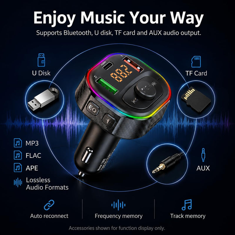 Fm Transmitter Bluetooth Car Adapter, Charger Daul USB & Type C | FM Transmitter for Car PD 30W Fast Charging Wireless Music MP3 Player, Audio Receiver, Hands-Free Call Cigarette Lighter Plug