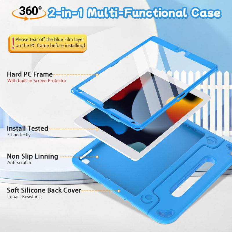 TIRIN Kids iPad Case 9th/8th/7th Generation 10.2 inch (2021/2020/ 2019) | Blue iPad 9th gen case with built-in screen protectors, iPad 8th gen case with Foldable Handle Stand, Child-friendly