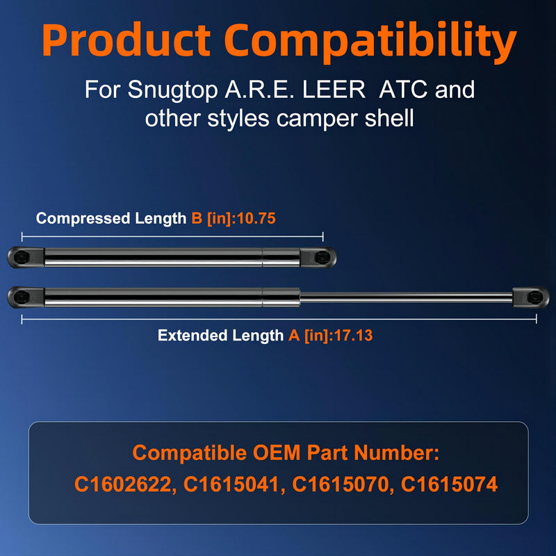 C16-02622 GSNI-5200-30 17in 28lb/125N Gas Shock Strut Lift Support for Leer are Camper Shell Window, 4423 Snugtop Truck Pickup Topper Door Cap Canopy Tool Box Lid, Pack of 2PCS
