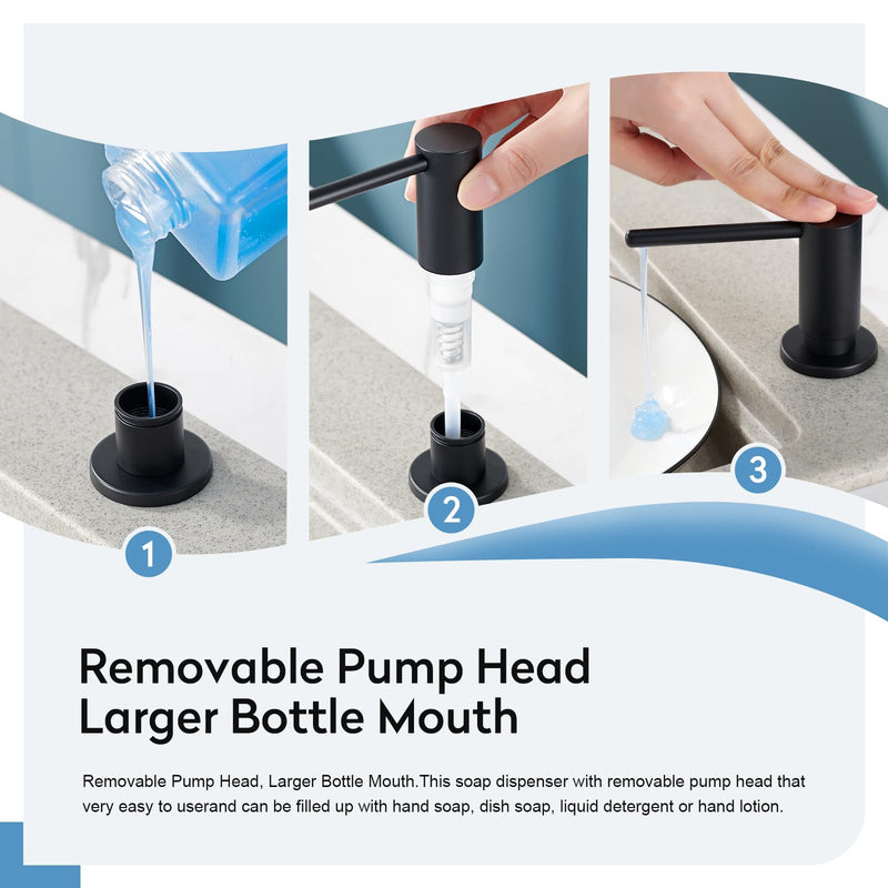 Kitchen Sink Soap Dispenser with 17 OZ Bottle and 40" Extension Tube Kit, Stainless Steel Built-in Soap Dispenser for Kitchen Sink or Countertop, in or Under Sink Installation, Matte Black
