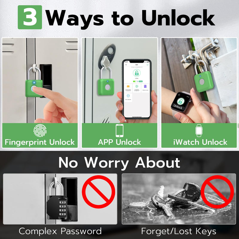 Fingerprint Padlock,Gym Locker Lock,Smart Padlock with APP Unlock,Fingerprint Lock USB Rechargeable for Gym Locker,Locker, School,Storage, Luggage Green