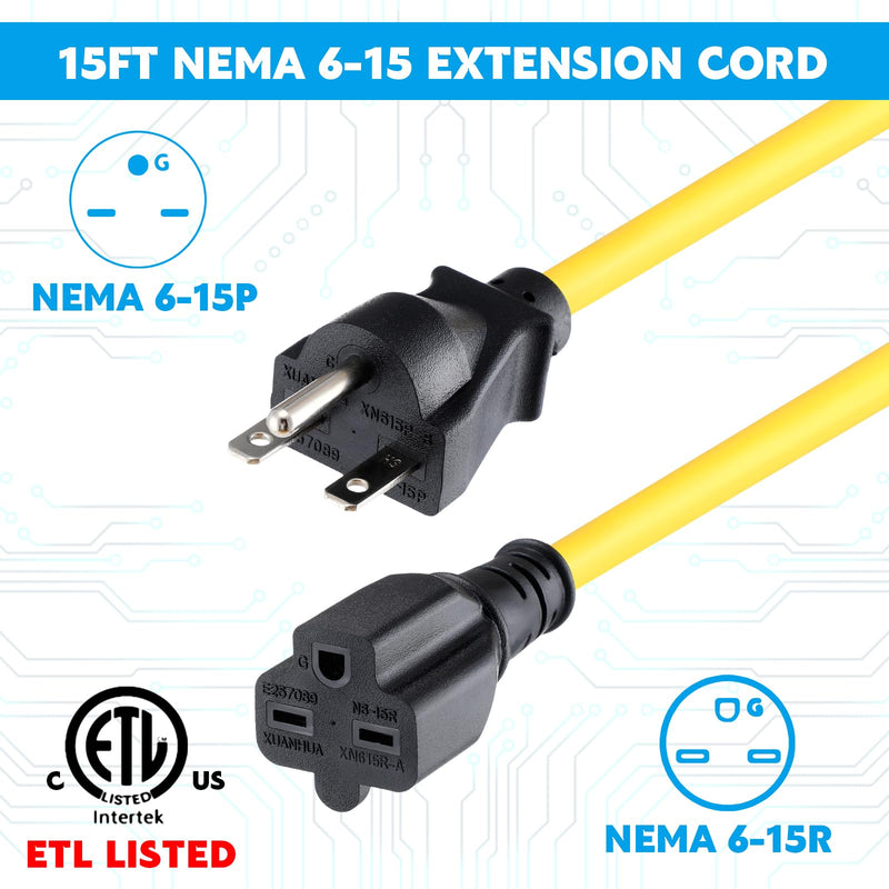 Tellegloww 15ft NEMA 6-15 Extension Cord 6-15P Male to 6-15R Female, 15 AMP Power Cable for 220/240V Air Condition, LED Grow Lights, Digital Ballast Power Cord Heavy Duty 14/3 AWG, 240V, 3750W Yellow 15 ft