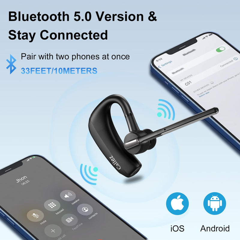Callez Bluetooth Headset with CVC8.0 Dual Mic Noise Cancelling for iPhone | Bluetooth Earpiece V5.0, Wireless Headset for Android Cell Phone Trucker Business Office Work, Clear Chat, Super Light Black