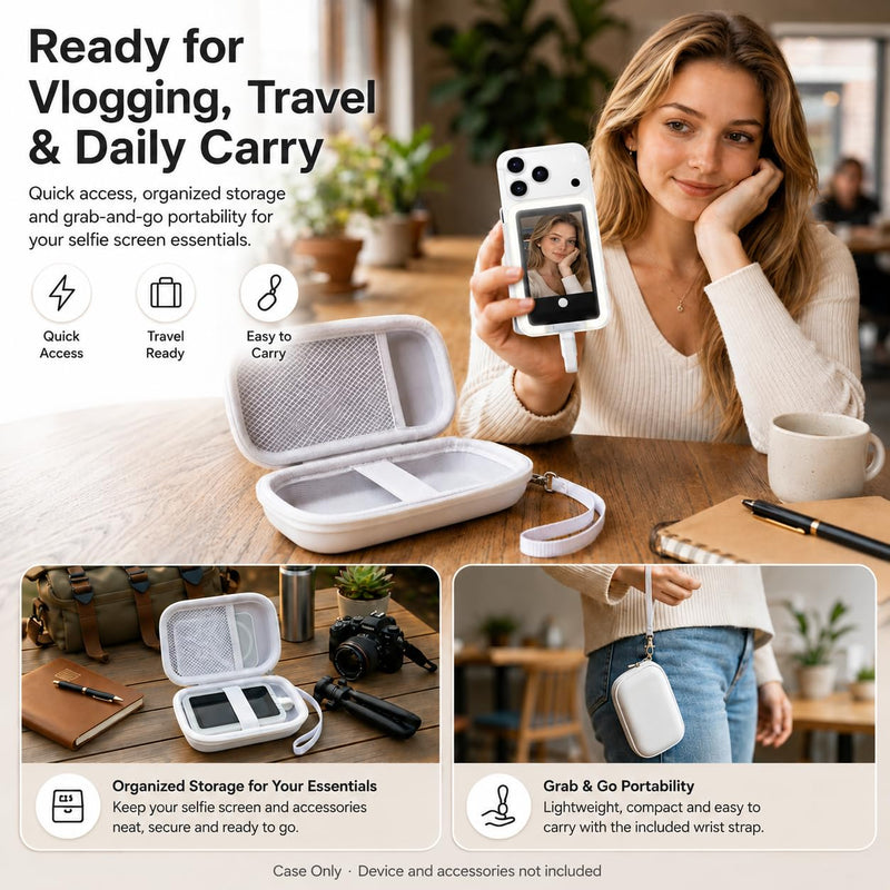 Boobowl Hard Case for Insta360 Snap Selfie Screen with Light, White | Soft Lining, Elastic Strap and Mesh Pocket Organize Screen, Power Bank and Cables for Travel and Vlogging, Case Only