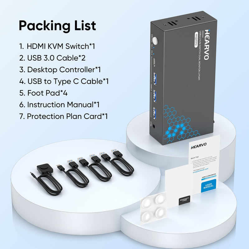 Heravo USB 3.0 HDMI KVM Switch 2 Monitors 2 Computers, 4K@60Hz Dual Monitor | Share Keyboard, Mouse, Hard Drives and Printers via 4-Port USB 3.0 Hub, with EDID, 2 USB Cables, and Controller - S7232H2 Ebony